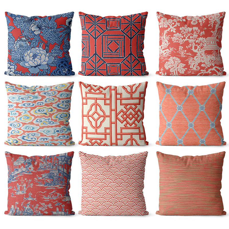 新中式棉麻沙发抱枕双面图案复古风格红色靠垫套床头大靠背腰靠垫