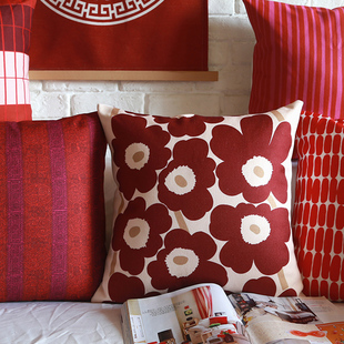 红色北欧棉麻沙发抱枕极简文艺几何风格 双面图案大靠垫定制不含芯
