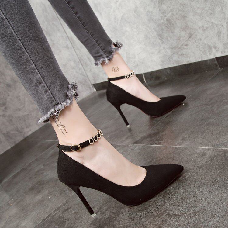 十公分高跟鞋女细跟一字式扣带学生百搭10厘米尖头性感职业正装鞋