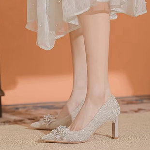 婚鞋香槟色新娘鞋女2024新款水钻高跟鞋秀禾婚纱两穿伴娘鞋不累脚