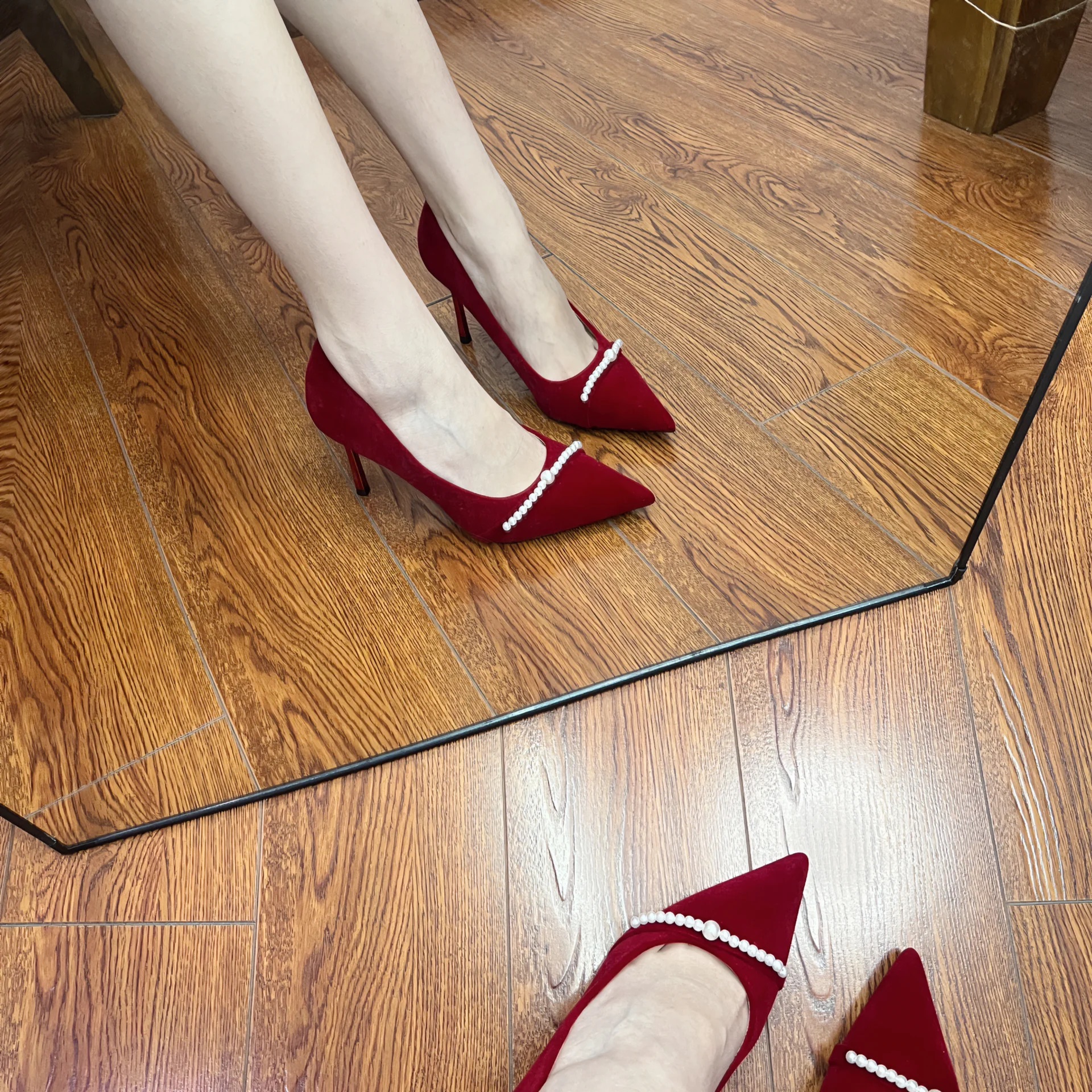 婚鞋秀禾服水晶高跟鞋红色新娘鞋不累脚尖头珍珠显白婚纱敬酒两穿