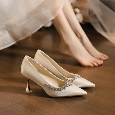 法式绸缎水钻气质高跟鞋女细跟尖头不累脚新娘婚鞋日常可穿伴娘鞋
