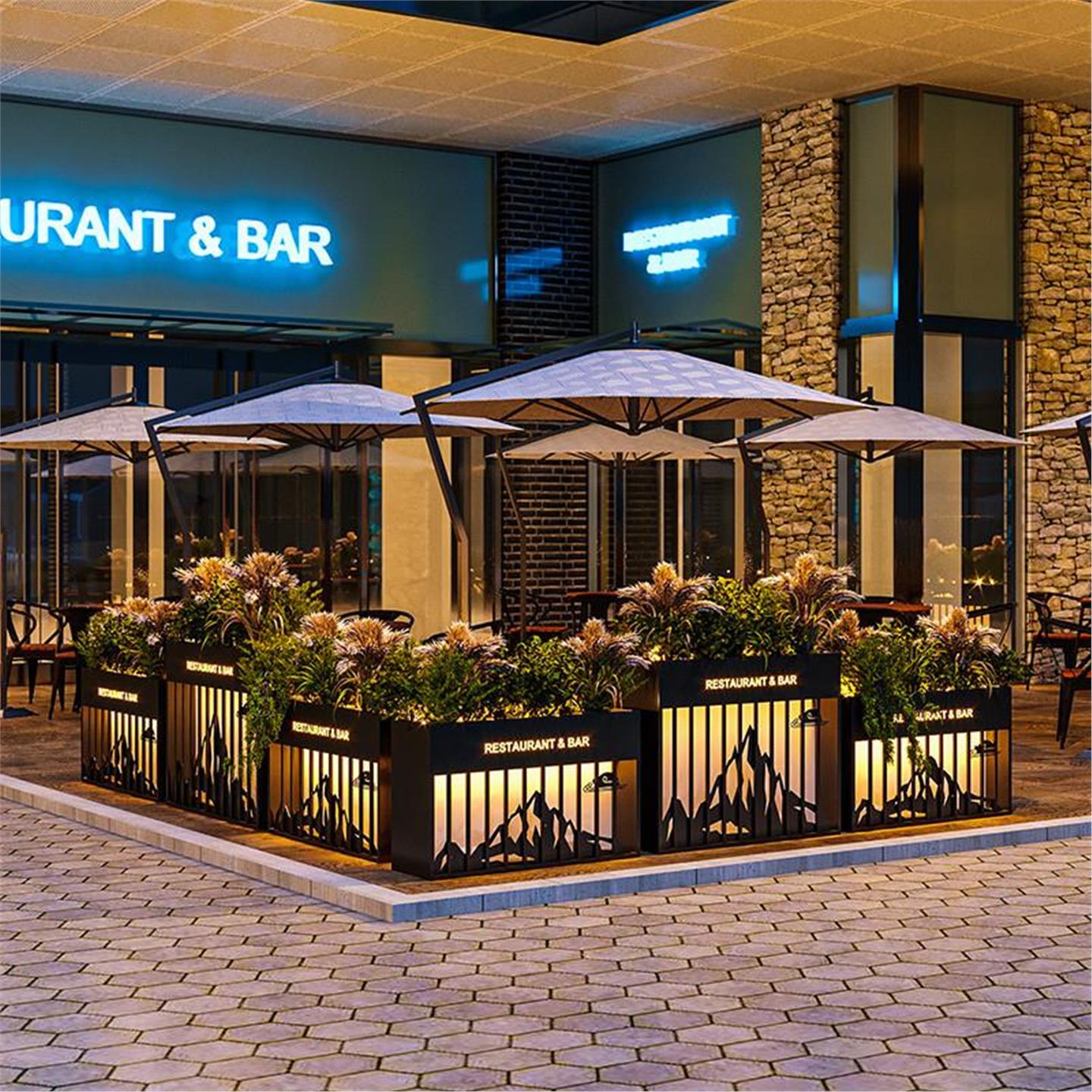 户外围栏太阳能发光灯箱组合花箱售楼部室外隔断铁艺不锈钢花坛