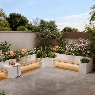 庭院花箱坐凳组合户外休闲座椅发光露台花园隔断不锈钢种植箱定制