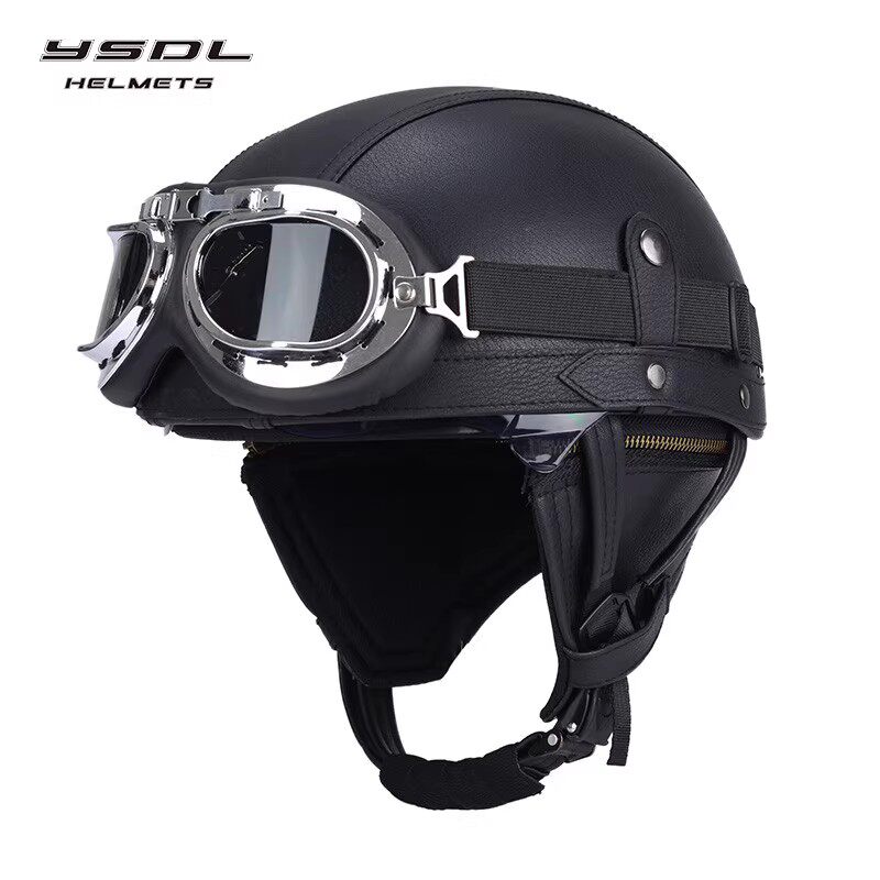 四季情侣复古半盔机车皮盔美式巡航骑行电动车安全帽男女机车瓢盔