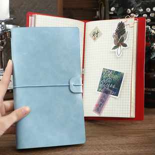 朗捷A6皮面绑带艺术手账本女孩软皮面记账笔记小本子可拆卸旅行方格迷你随身便携高颜值复古记事本定制logo