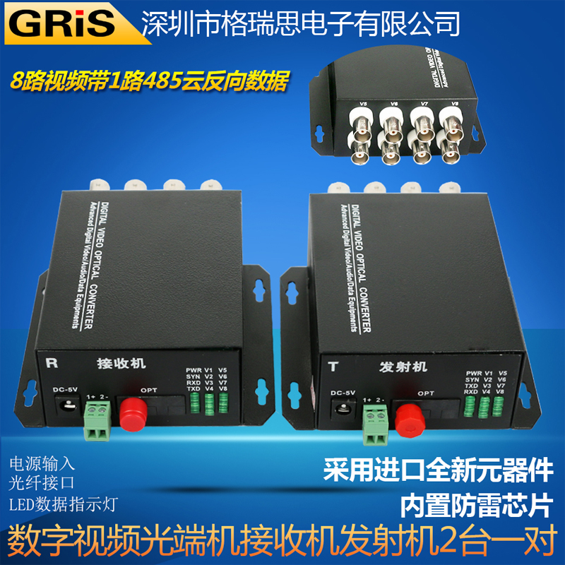 一对台2数字接收机发射机反向数据485路1路视频光端机带8GRIS