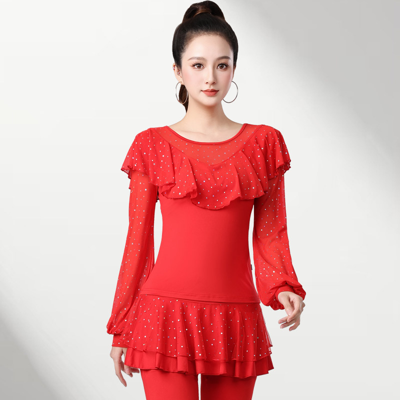 新款广场舞套装女成人拉丁舞荷叶边长袖亮片跳舞裤裙大码舞蹈长裤