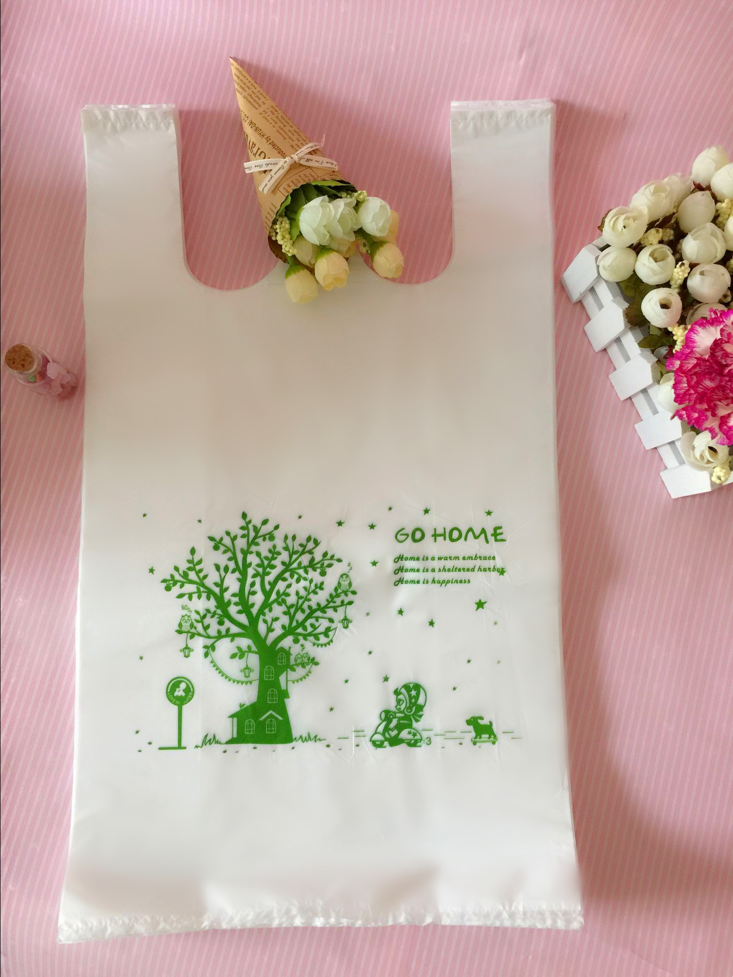 24*42绿色大树超市购物袋新料手提背心袋厚塑料袋100只一包