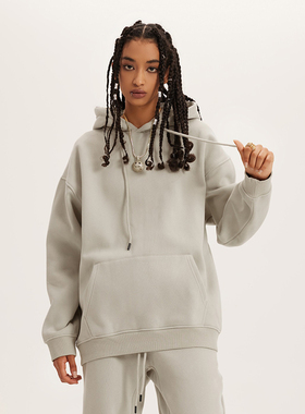 345G重磅加绒纯色卫衣连帽衫男潮牌高街简约基础oversize宽松上衣