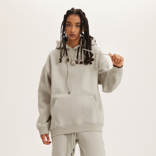 345G重磅加绒纯色卫衣连帽衫男潮牌高街简约基础oversize宽松上衣