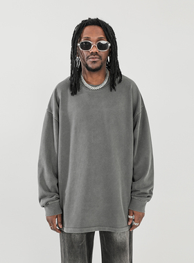 460G重磅水洗做旧开叉纯色长袖T恤潮牌KANYE高街宽松上衣打底衫男