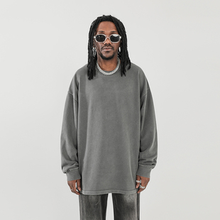 460G重磅水洗做旧开叉纯色长袖 男 T恤潮牌KANYE高街宽松上衣打底衫
