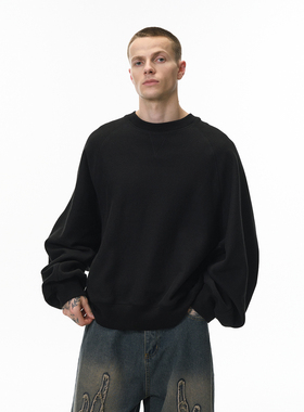 450G重磅抓绒蝙蝠袖卫衣男美式街头慵懒感圆领宽松廓形纯色上衣潮