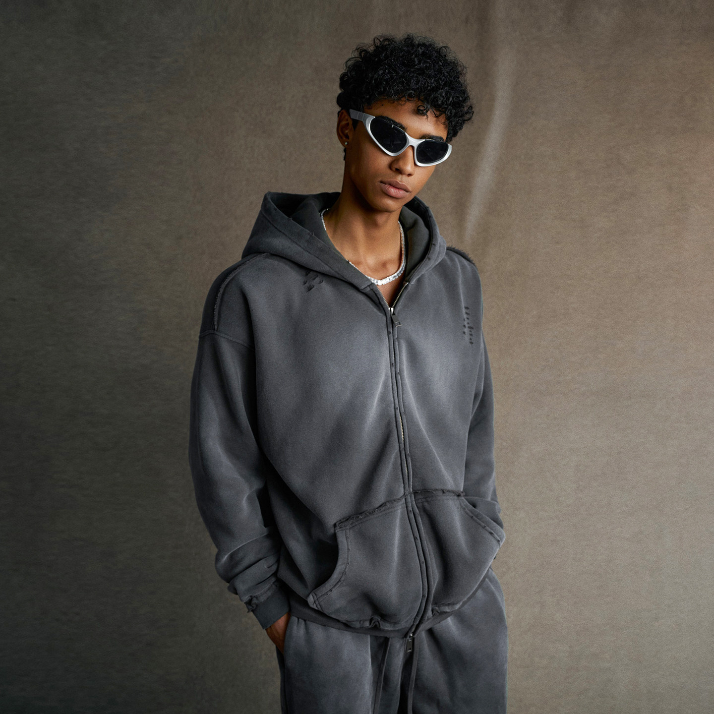 美式复古做旧磨破加绒连帽开衫卫衣男女秋冬保暖加厚宽松拉链外套