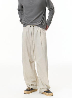 美式复古老钱风亚麻休闲裤男潮牌宽松直筒舒适百搭纯色拖地阔腿裤
