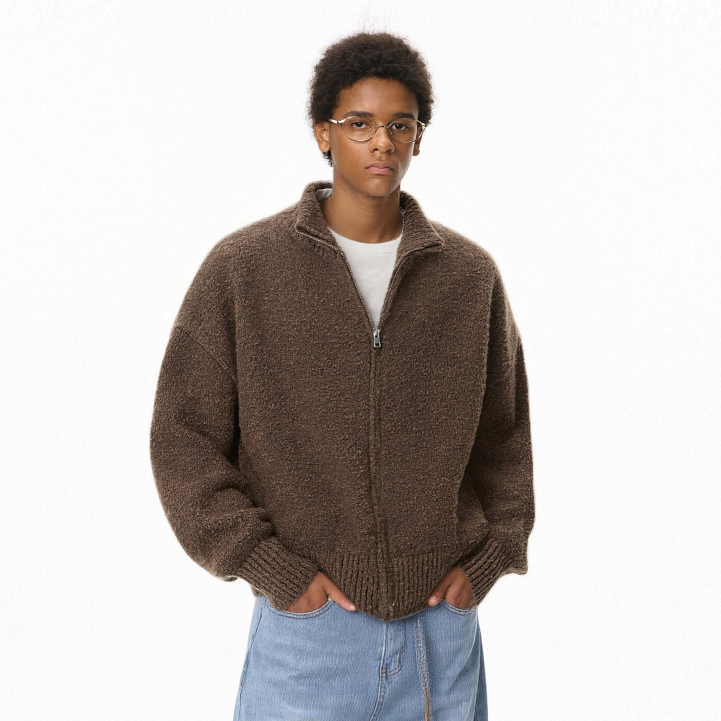 美式复古老钱立领毛衣外套男秋冬保暖宽松柔软纯色拉链针织衫外套