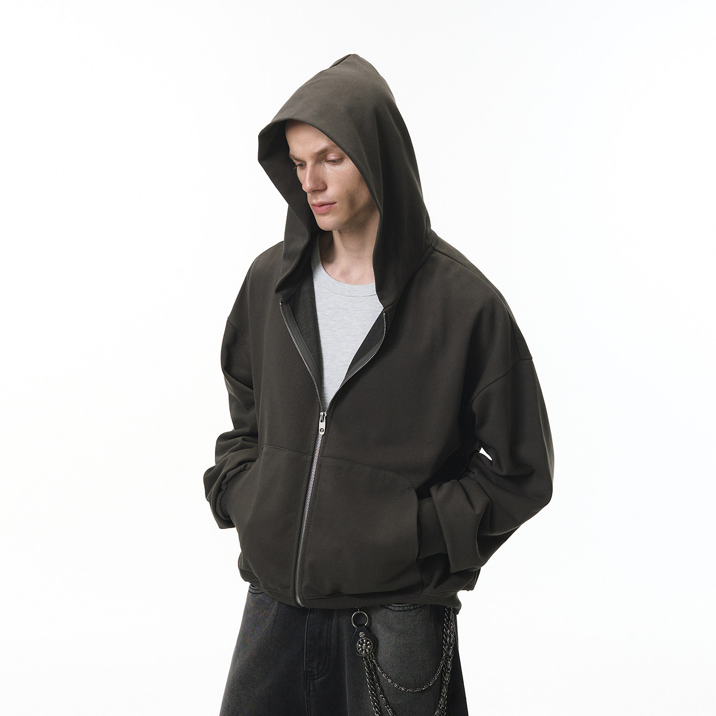 美式复古boxy短款拉链开衫连帽卫衣男女宽松廓形休闲纯色百搭外套