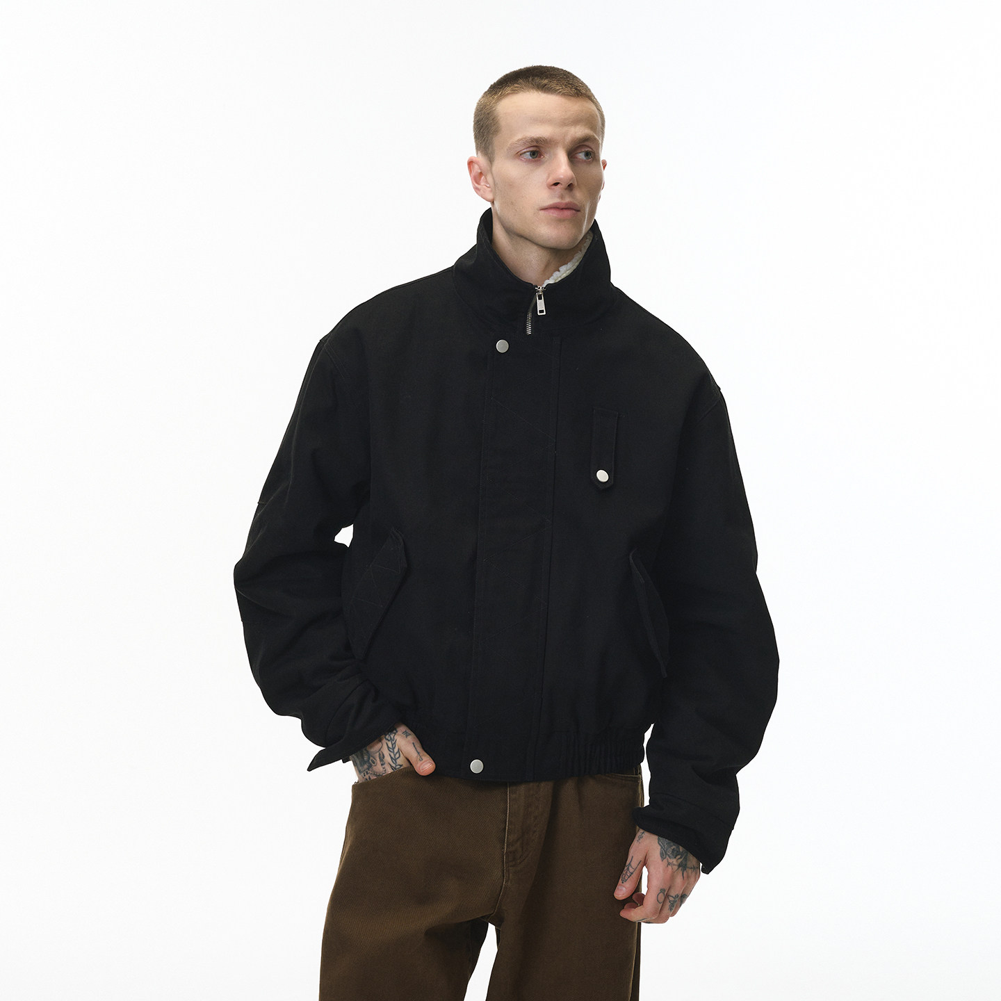 美式复古立领飞行夹克棉服男冬季加厚可拆卸毛绒短款boxy工装外套