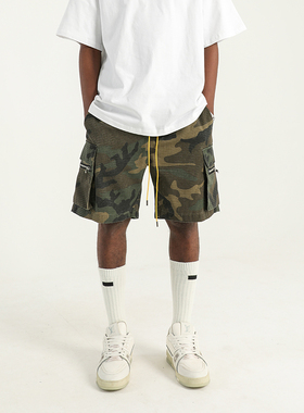 高街潮牌迷彩短裤男美式休闲运动直筒五分裤宽松口袋工装裤子夏季