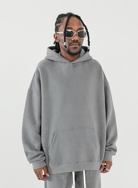 350G加绒纯色卫衣男潮牌KANYE高街oversize宽松廓形连帽上衣秋冬