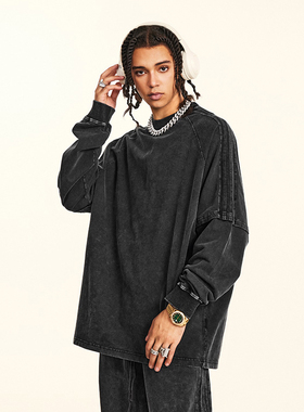 假两件长袖T恤潮牌高街vibe复古黑色做旧织带条纹宽松打底衫上衣