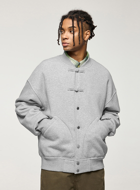 325G加绒棒球夹克外套潮牌高街休闲新中式国风盘扣简约纯色开衫