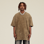 体恤半袖 285G重磅蜡染水洗做旧复古T恤男潮牌美式 高街宽松短袖 男