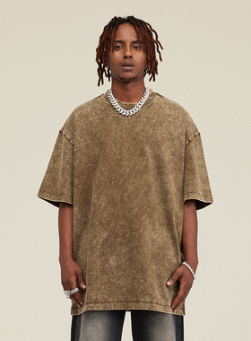 285G重磅蜡染水洗做旧复古T恤男潮牌美式高街宽松短袖体恤半袖男