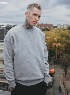 美式休闲OVERSIZE宽松简约纯色卫衣男女潮流情侣装圆领套头衫秋冬