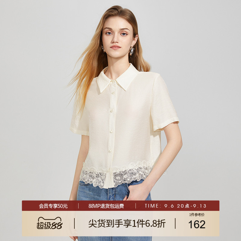 她图设计感镂空拼接花边短袖衬衫女2026夏装新款减龄宽松洋气上衣图片