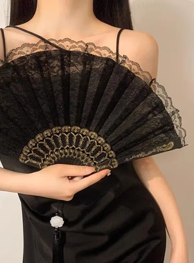 中式复古黑色蕾丝折扇洛丽塔旗袍扇子流苏古风拍照道具中华娘舞蹈