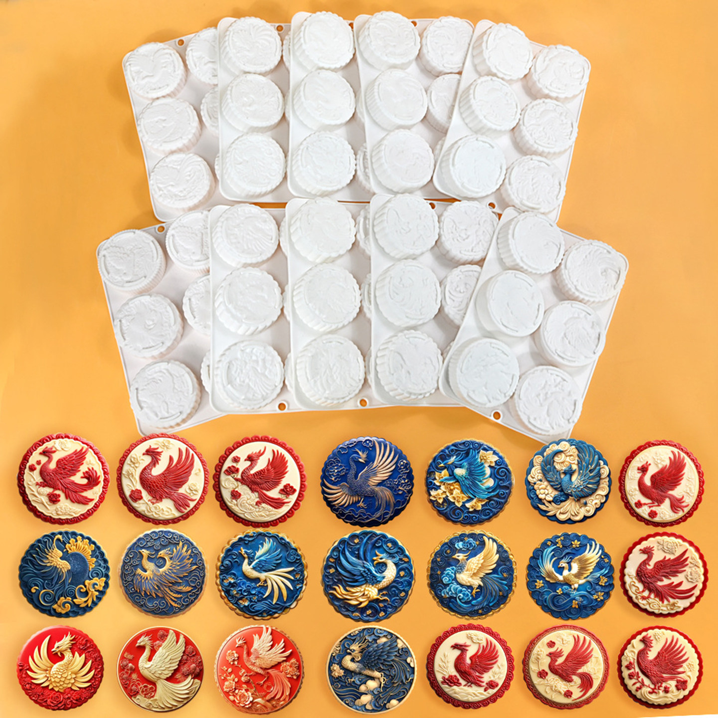 中秋节凤凰月饼硅胶模具 中国风龙图腾山水画绿豆糕甜点慕斯模具