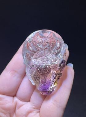 好记水晶纯手工雕刻黄水晶俏色紫黄晶超七九尾狐吊坠毛衣链配饰