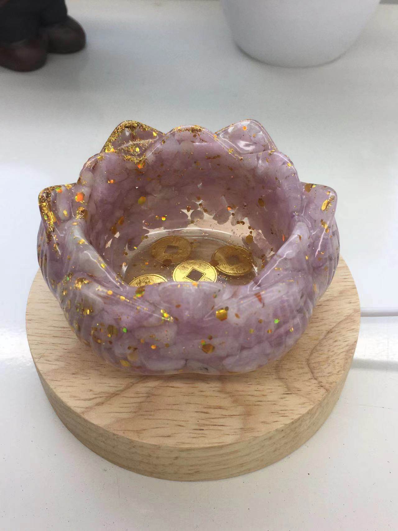 好记水晶滴胶碎石莲花碗收纳摆件花盆彩贝紫水晶红石天河石红兔毛