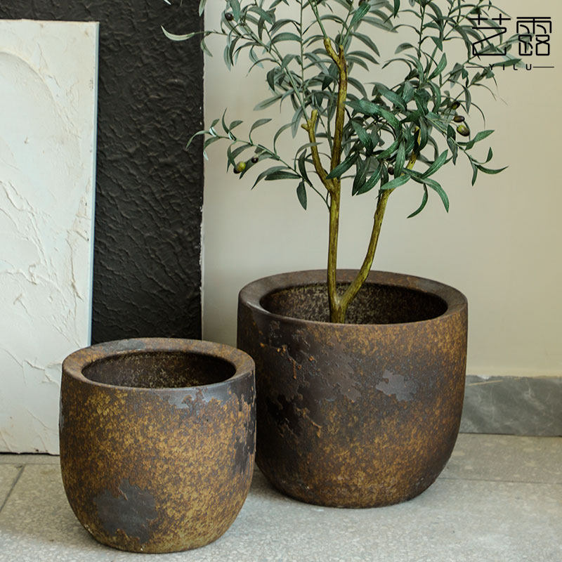 粗陶花盆大口径阳台创意摆件复古侘寂风陶瓷花坛家居室内装饰品