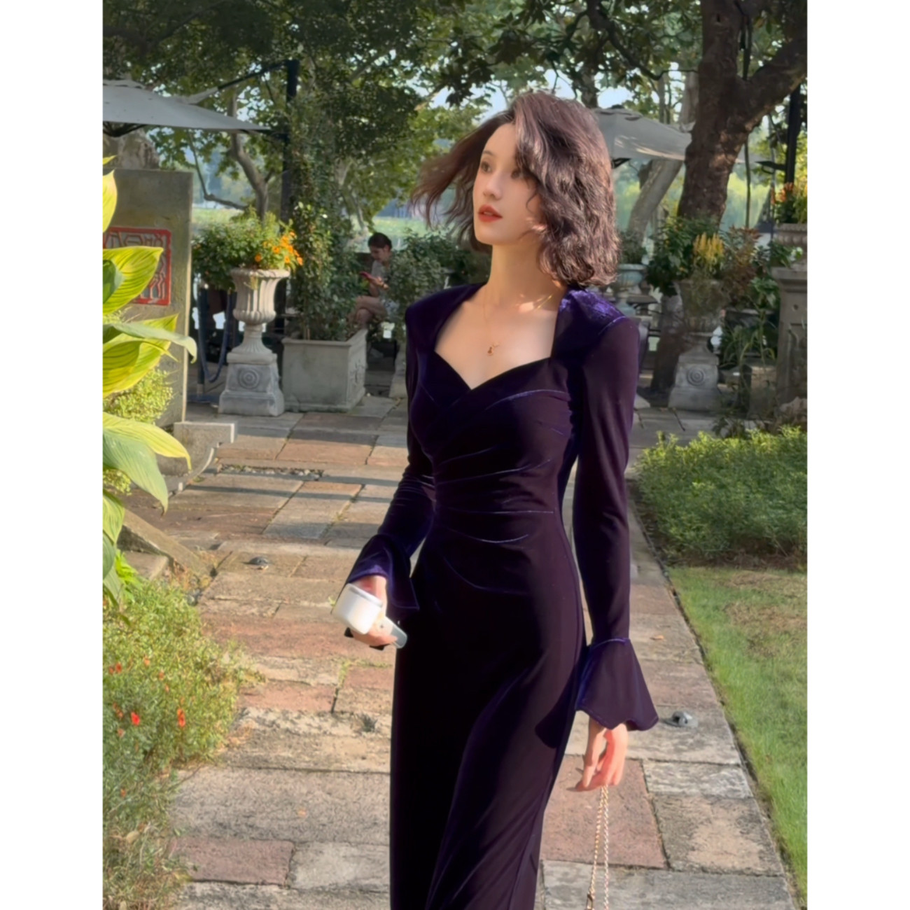 彩彩家【蓝精灵】秋冬设计气质高级蓝色修身显瘦知性优雅连衣裙