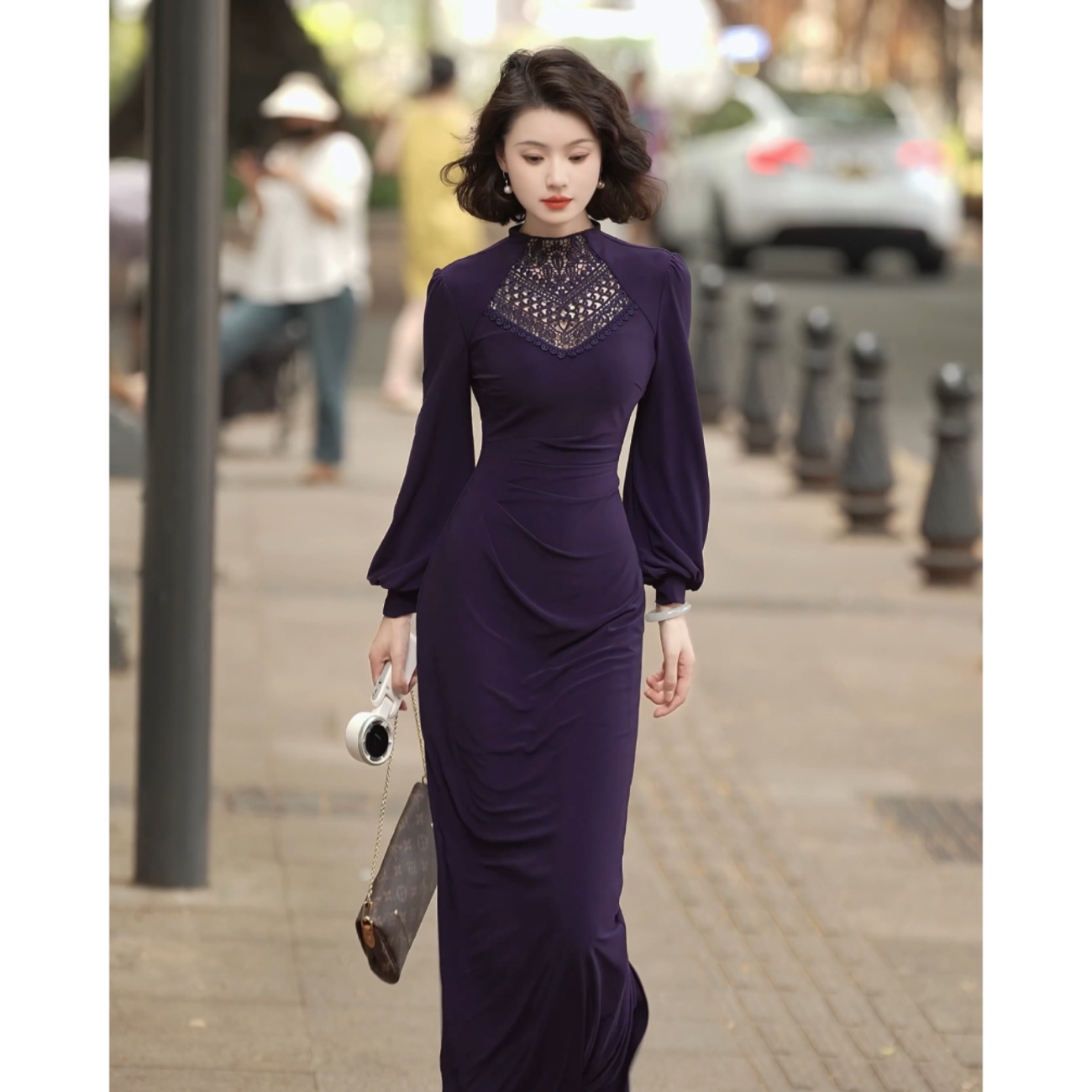 彩彩家【北极星】秋季气质复古穿搭高级修身紫色知性优雅连衣裙