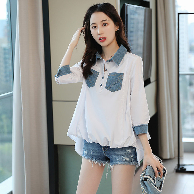韩版休闲女牛仔拼接七分袖衬衫宽松a字中袖衬衣百搭上衣小衫韩范