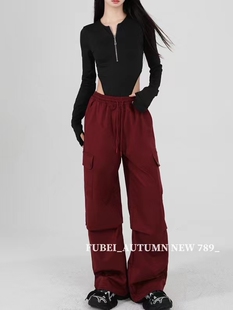 fubei芙蓓美式酒红色阔腿工装裤女2024新款小个子高腰阔腿休闲裤