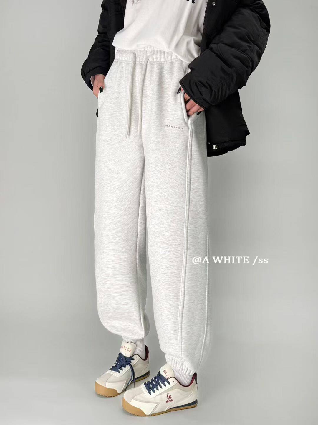 AWHITE休闲裤295加绒加厚冬季新款阔腿裤九分裤束脚抽绳卫裤女