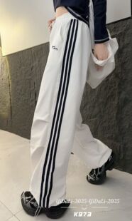 yidali休闲裤女2025秋款阔腿裤三条杠运动裤学生松紧腰直筒裤973