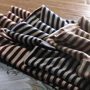 外贸秋冬季 日系复古全棉厚实高领撞色横条纹T恤女胖mm大码 打底衫