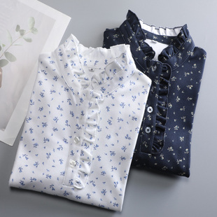 上衣厚 半门襟打底衫 240克BM风纯棉小碎花边领木耳领T恤女长袖 大码