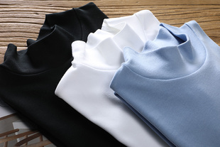 女春秋小立领上衣 T恤纯色打底衫 外贸日系黑白纯棉大码 半高领长袖