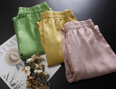 松紧腰复古九分亚麻萝卜裤