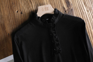 针织棉弹力半门襟套头衬衣女春新 宽松大码 黑色木耳边立领长袖 衬衫