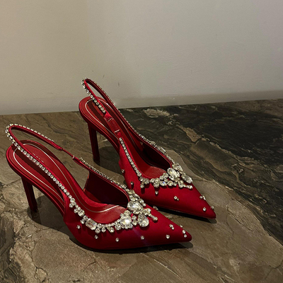 秀禾新娘红色婚鞋女重工水钻细跟高跟鞋尖头绸缎宴会包头凉鞋单鞋