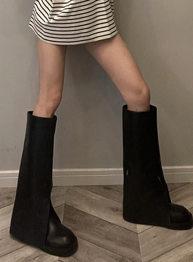 秋冬新款圆头厚底裤管靴女黑色时尚潮流真皮不过膝高筒长靴子女靴