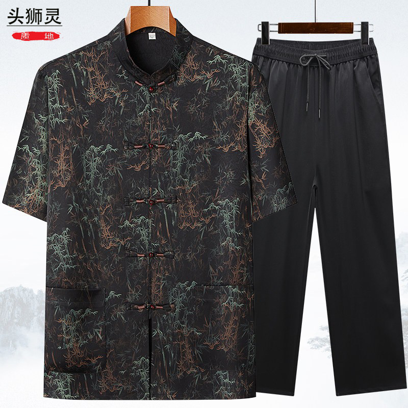 唐装男短袖爸爸夏装套装中式中老年人爷爷夏季衣服复古中国风薄款